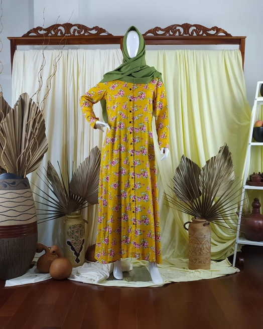 Gamis Daily Dress Rayon Flowers Mustard 1 web_gamis_new_004a